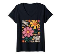 Femme Let Your Faith Be Bigger Than Fear Retro Flower Religiious T-Shirt avec Col en V
