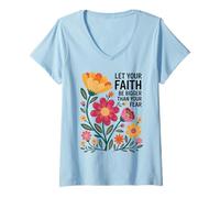 Femme Let Your Faith Be Bigger Than Fear Retro Flower Religiious T-Shirt avec Col en V