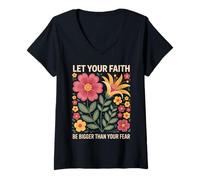 Femme Let Your Faith Be Bigger Than Fear Retro Flower Religiious T-Shirt avec Col en V