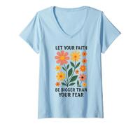 Femme Let Your Faith Be Bigger Than Fear Retro Flower Religiious T-Shirt avec Col en V
