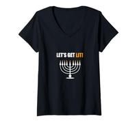 Femme Let's Get Lit Happy Hanukkah Hanukah Juif Noël T-Shirt avec Col en V