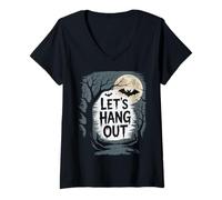 Femme Let's Hang Out - Arbre Lune Halloween Night T-Shirt avec Col en V