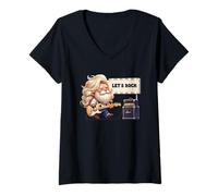 Femme Lets Rock Gnome Graphic For Rocker Band Bass Guitar Player T-Shirt avec Col en V