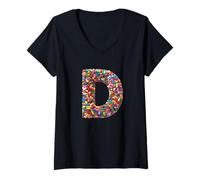 Femme Letter D Candy Rainbow Sprinkles Monogram Style T-Shirt avec Col en V