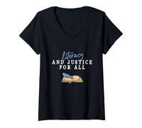 Femme Lettératie et Justice pour Tous Les Enseignants Qui lisent T-Shirt avec Col en V