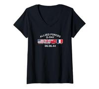 Femme Lettrage Blanc du Jour J des Forces alliées du 6 Juin 1944 T-Shirt avec Col en V