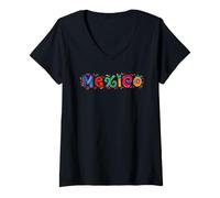 Femme Lettrage d'art Traditionnel coloré du Mexique T-Shirt avec Col en V