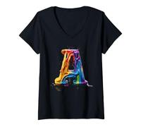 Femme Lettre A de Peinture éclatante et dégoulinante T-Shirt avec Col en V