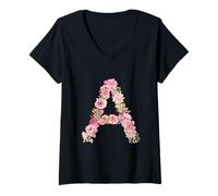 Femme Lettre A florale avec monogramme et initiale cool T-Shirt avec Col en V