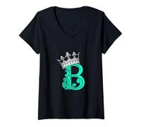Femme Lettre B Initiale + Couronne Bleu Sarcelle Clair Aqua T-Shirt avec Col en V