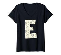 Femme Lettre céleste E Soleil Lune Alphabet Vintage T-Shirt avec Col en V