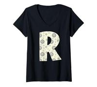 Femme Lettre céleste R Soleil Lune Alphabet Vintage T-Shirt avec Col en V