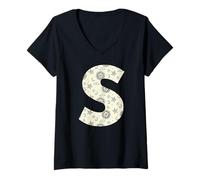Femme Lettre céleste S Soleil Lune Alphabet Vintage T-Shirt avec Col en V