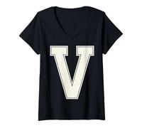 Femme Lettre collégiale V Monogramme Bloc Varsity Block Initiale Alphabet T-Shirt avec Col en V