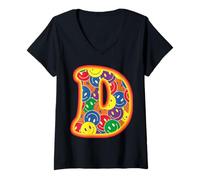 Femme Lettre D colorée avec Visage Heureux et Graphique rétro T-Shirt avec Col en V