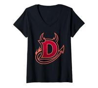 Femme Lettre D Diable Art Flamboyant Cornes Queue Style Gothique T-Shirt avec Col en V