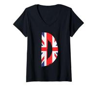 Femme Lettre D Union Jack Initiale Royaume-Uni T-Shirt avec Col en V