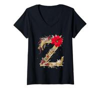 Femme Lettre de Noël Z Poinsettia Berry T-Shirt avec Col en V