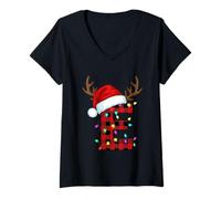 Femme Lettre E de Noël à Carreaux en Bois de cerf T-Shirt avec Col en V