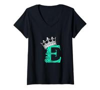 Femme Lettre E Initiale + Couronne Bleu Sarcelle Clair Aqua T-Shirt avec Col en V