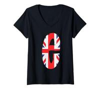 Femme Lettre E Union Jack Initiale Royaume-Uni T-Shirt avec Col en V