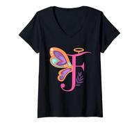 Femme Lettre F Motif Floral Initiale Papillon T-Shirt avec Col en V