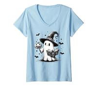 Femme Lettré Fantôme Livre Chapeau sorcière Rat de bibliothèque T-Shirt avec Col en V
