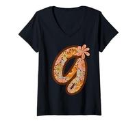 Femme Lettre Florale G Retro Boho Botanique Alphabet Art T-Shirt avec Col en V