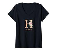 Femme Lettre H initiale aquarelle rose poudré fleur rose T-Shirt avec Col en V