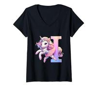Femme Lettre I Licorne Ballerine Danseuse Ballet Alphabet Monogramme I T-Shirt avec Col en V