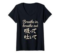 Femme Lettre Japonaise « Breathe in Breathe Out » T-Shirt avec Col en V