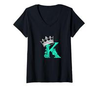 Femme Lettre K Bleu Sarcelle Clair + Couronne Bleu Sarcelle Aqua T-Shirt avec Col en V