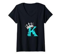 Femme Lettre K Couleur Turquoise + Couronne Graphique Turquoise T-Shirt avec Col en V