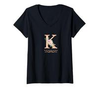 Femme Lettre K initiale aquarelle rose poudré fleur rose T-Shirt avec Col en V
