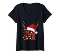 Femme Lettre M Plaid Holiday Bois de cerf Lumières T-Shirt avec Col en V