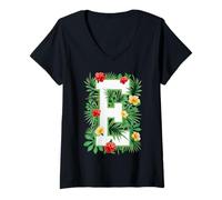Femme Lettre Majuscule E Monogramme Initiale Fleur Jardinier T-Shirt avec Col en V