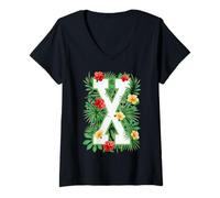 Femme Lettre Majuscule X Alphabet Monogramme Initiale Fleur Jardinier T-Shirt avec Col en V