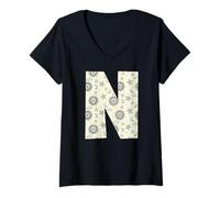 Femme Lettre N Céleste Soleil Lune Alphabet Vintage T-Shirt avec Col en V
