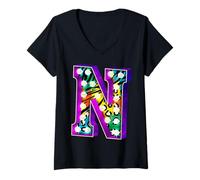 Femme Lettre N pour chapiteau avec Motif Animal coloré T-Shirt avec Col en V