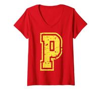 Femme Lettre P Nom Initial Monogramme Varsity Alphabet T-Shirt avec Col en V