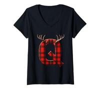 Femme Lettre Q en Bois de cerf à Carreaux Style Rustique T-Shirt avec Col en V