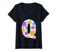 Femme Lettre Q Floral Daisy Retro Alphabet Graphic T-Shirt avec Col en V