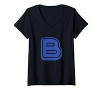 Femme Lettre rétro en Gras Bleu - B - Contour - Alphabet T-Shirt avec Col en V