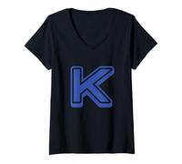 Femme Lettre rétro en Gras Bleu - K - Contour - Alphabet T-Shirt avec Col en V