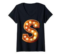 Femme Lettre S Lumineuse rétro pour chapiteau T-Shirt avec Col en V
