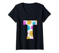 Femme Lettre T Floral Daisy Retro Alphabet Graphic T-Shirt avec Col en V