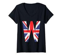 Femme Lettre W du Drapeau Britannique avec Initiale Graphique vieillie T-Shirt avec Col en V