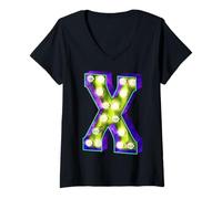 Femme Lettre X électrique éclairée coloré Alphabet Art Design T-Shirt avec Col en V