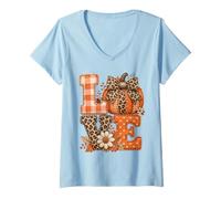 Femme Lettres d'automne rustiques Citrouille léopard Vichy T-Shirt avec Col en V