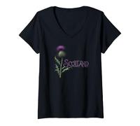 Femme Lettres ornées de chardons écossais écossais T-Shirt avec Col en V